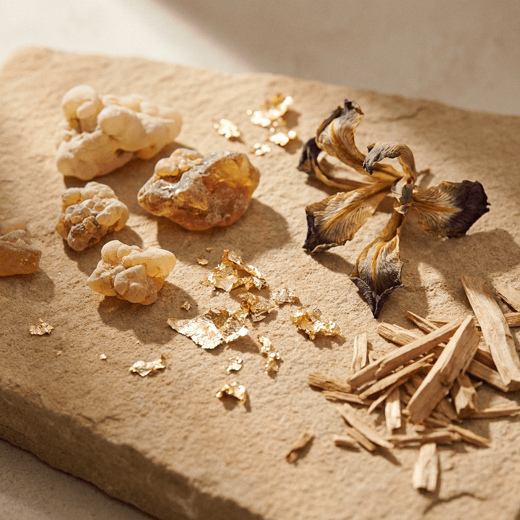 Raw fragrance materials — amber resin, gold leaf, iris petals and sandalwood